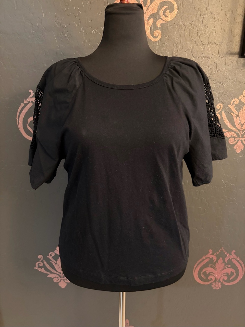 Old Navy Black Short Sleeve Top with Crochet Shoulder Detail